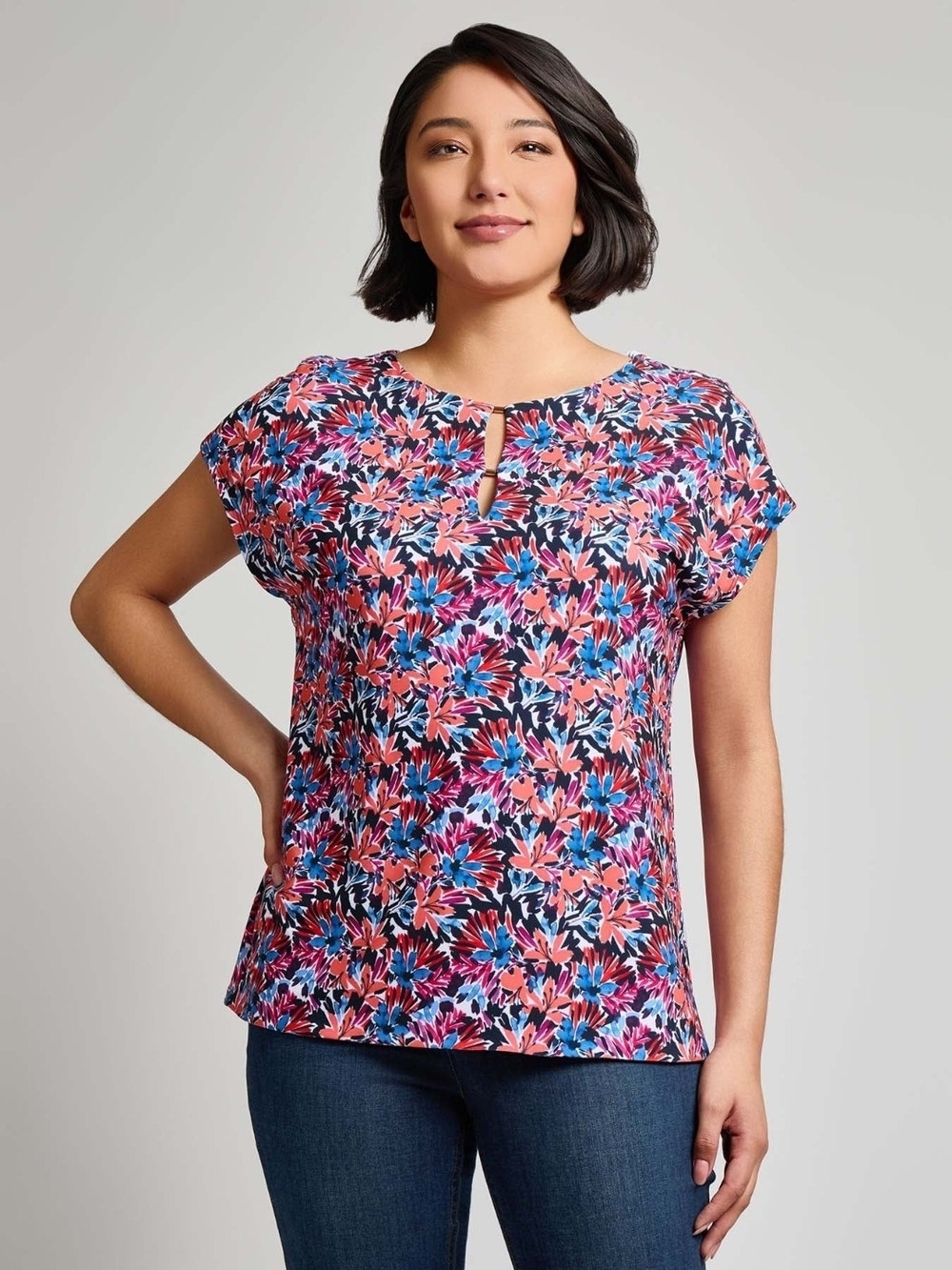Jones New York Pink Multi Floral Keyhole Cap-Sleeve Blouse Top Shirt Size L